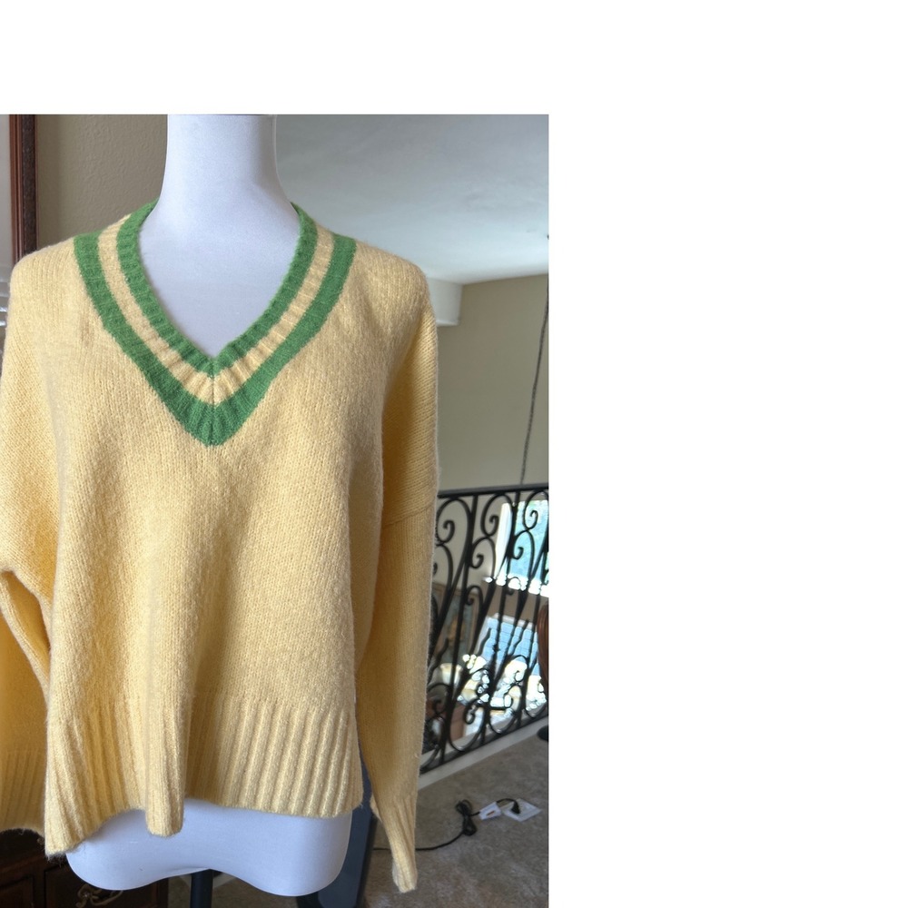 Lisa Says Gah Helena Yellow V-Neck Sweater Green Stripe Trim XL/2X NWT - Picture 2 of 9